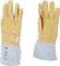 Zwei Lederhandschuhe mit langen Stulpen, beige oben und weiß unten. Aufschrift auf dem Handgelenk: 'EN407'.