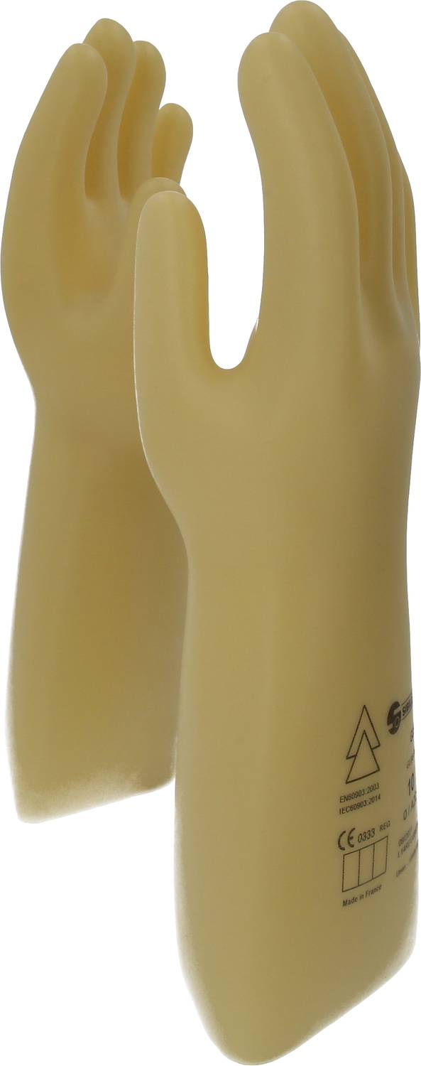 Zwei gelbe Schutzhandschuhe aus Gummi mit Sicherheitskennzeichnungen auf der Außenseite.