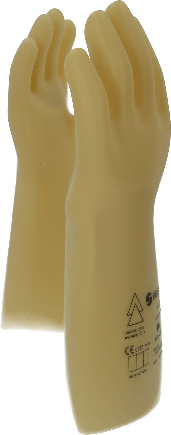 Zwei gelbe Schutzhandschuhe stehen aufrecht nebeneinander. Auf einem Handschuh sind Symbole und Zertifizierungsmarkierungen sichtbar.