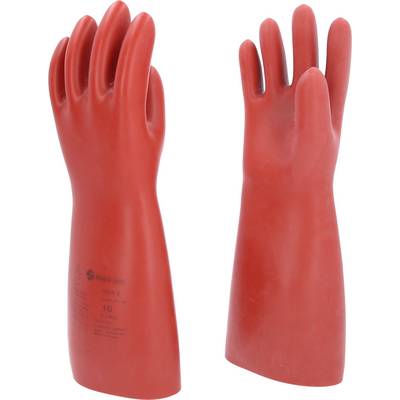 Zwei rote Schutzhandschuhe aus Gummi, die isolierenden Schutz bieten. Links ist der Text sichtbar.
