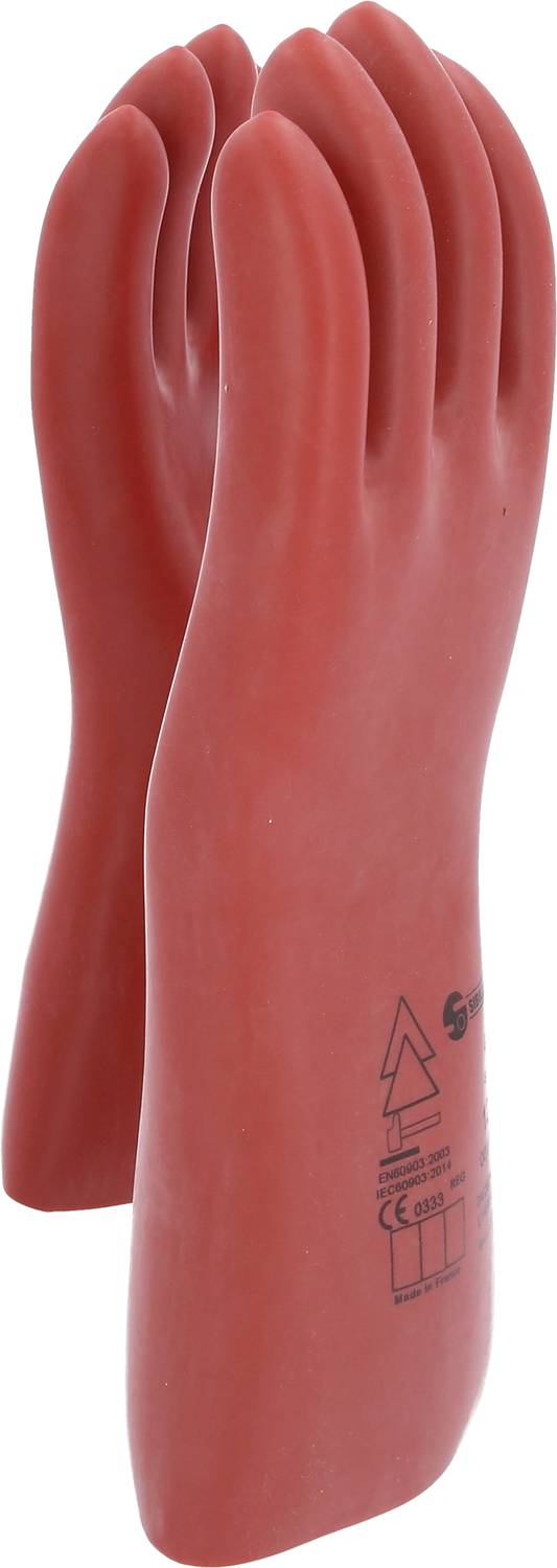Zwei rote Gummihandschuhe, nebeneinanderstehend, mit elektrischen Symboldrucken. Geeignet für Arbeiten mit Elektrizität.