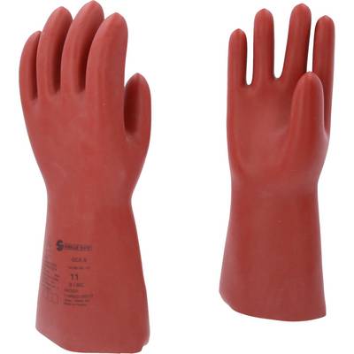 Zwei rote Gummihandschuhe, stehend und nebeneinander platziert, mit Aufdruck auf einem Handschuh.