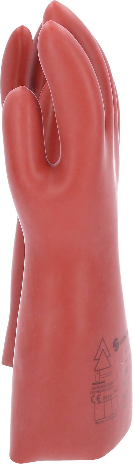 Ein Paar rote Elektroschutzhandschuhe, seitlich aufgenommen. Sie sind isoliert und tragen Markierungen für Zertifizierung und Sicherheit.