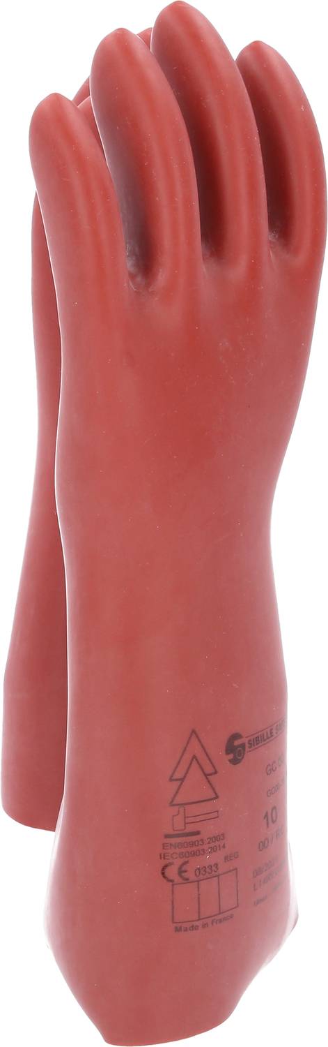 Zwei rote Schutzhandschuhe, die für Arbeiten unter Spannung ausgelegt sind. Aufschrift und Symbole auf der Oberfläche sind erkennbar.