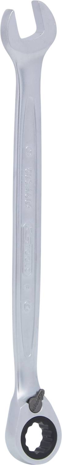 Ein silberner Ringschlüssel mit einem offenen Ende und einem Ratschenmechanismus am anderen Ende.