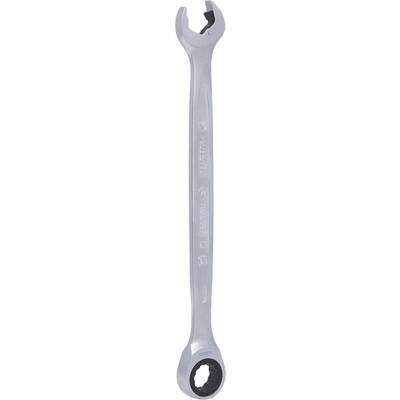 Ein silberner Maul-Ringschlüssel mit zwei verschiedenen Enden, offen und geschlossen, aus Metall.