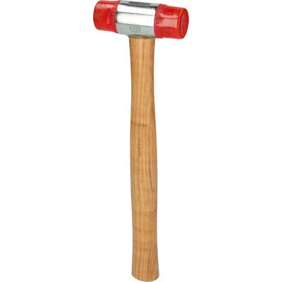 Ein Hammer mit Holzgriff und metallischem Kopf, ausgestattet mit roten Kunststoffenden.