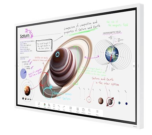 Interaktiver Bildschirm zeigt Vergleich der Zusammensetzung und Eigenschaften von Saturn und Erde mit Diagrammen und Anmerkungen.