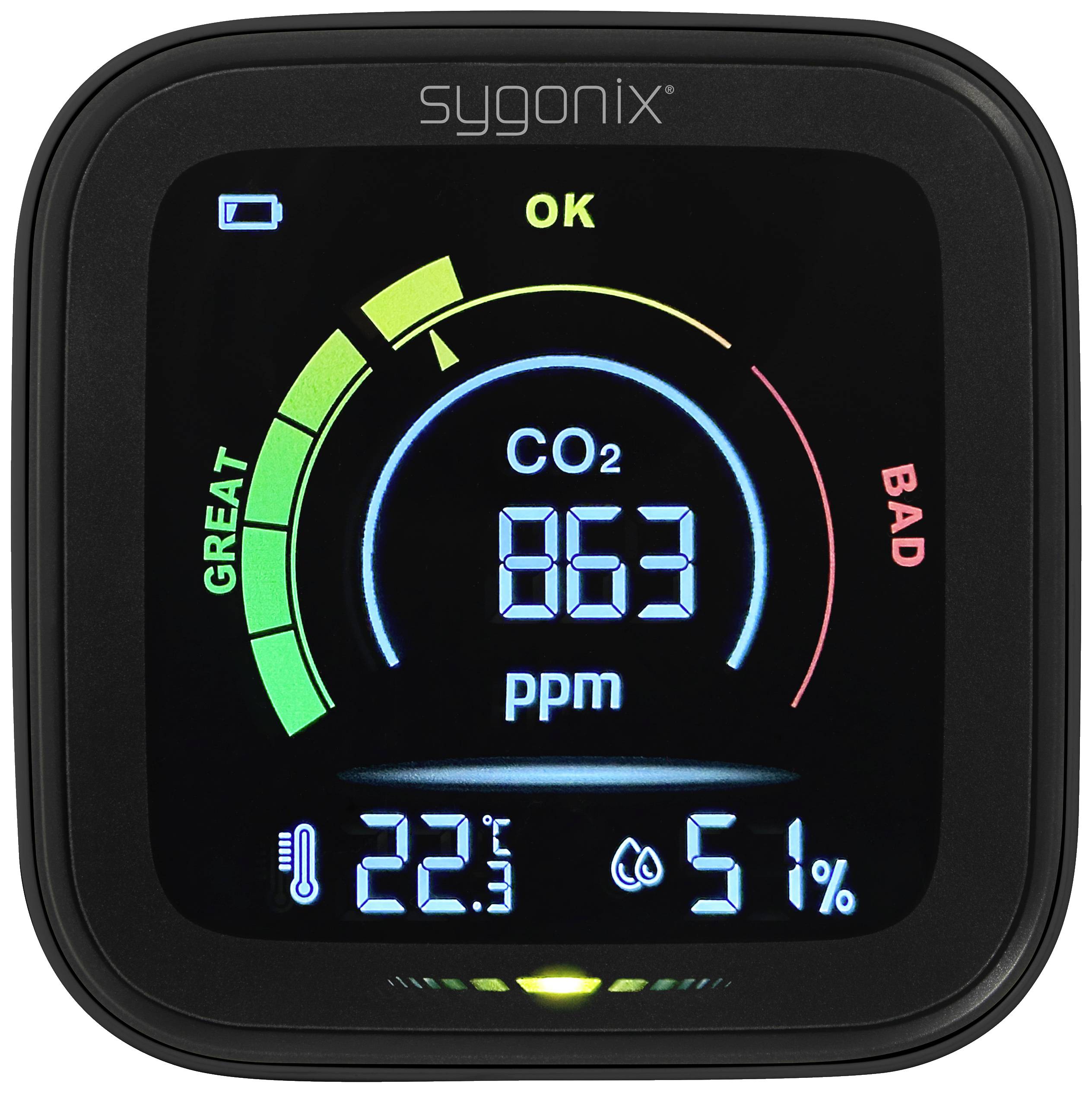 Ein digitales Display zeigt einen CO2-Wert von 863 ppm. Links grün 'GREAT', rechts rot 'BAD'. Unten links 22°C, unten rechts 51% Luftfeuchtigkeit.