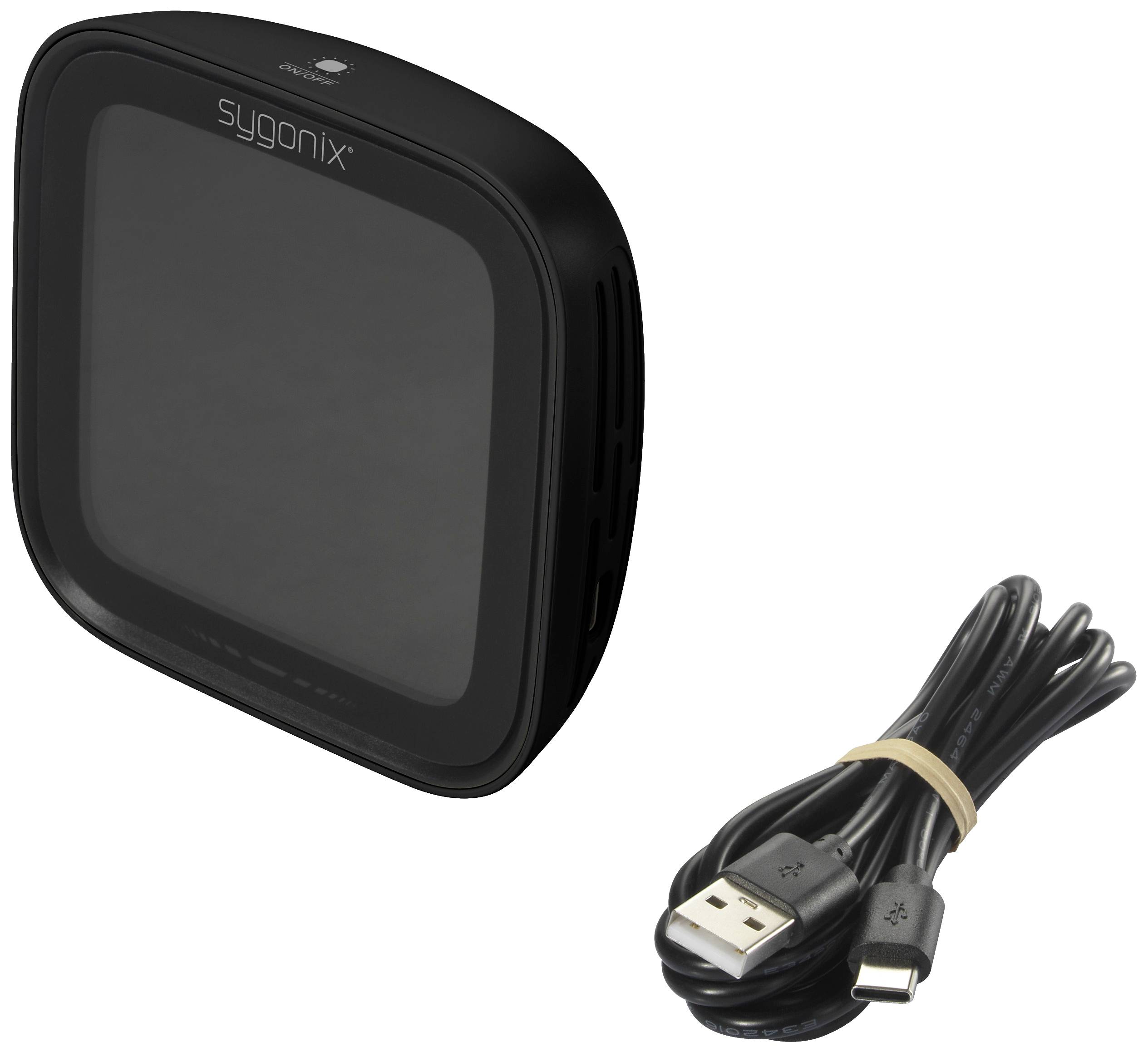 Ein schwarzes, quadratisches Ladegerät mit der Aufschrift 'sygonix' und ein beigelegtes USB-Kabel mit USB Type-C-Anschluss.