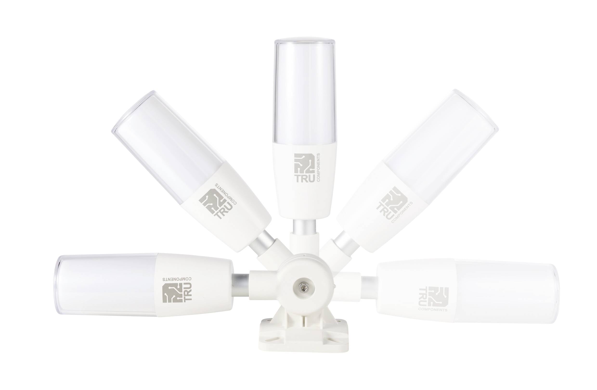 Fünf-Arm-Wandhalterung mit TRU-förmigen Lampen, symmetrisch angeordnet. Ideal zur gleichmäßigen Beleuchtung.