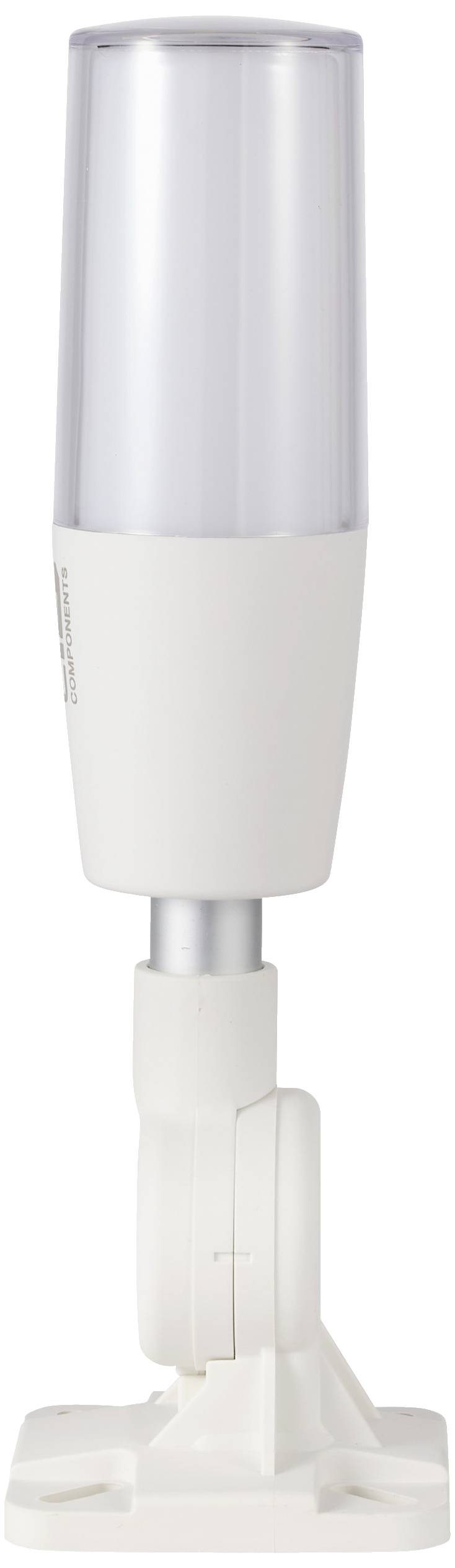 Eine weiße, zylinderförmige Leuchte auf einem verstellbaren, weißen Ständer, geeignet zur Montage an vertikalen Flächen.