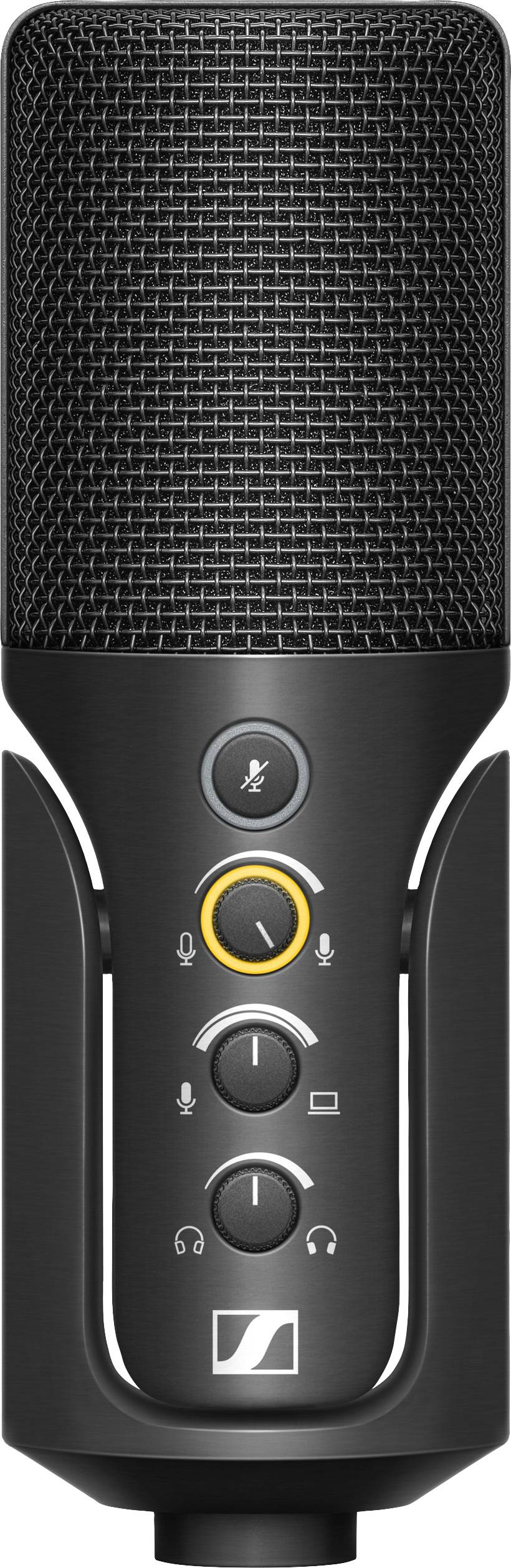 Ein schwarzes Mikrofon mit integriertem Lautstärkeregler, Stummschaltung und Kopfhöreranschluss auf der Vorderseite. Ideal für Aufnahmen.