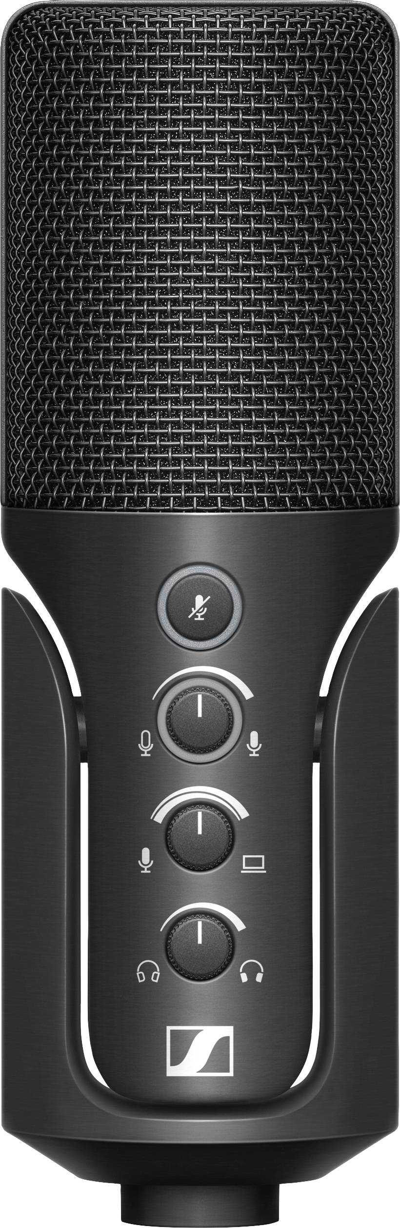 Schwarzes Mikrofon mit mehreren Steuerelementen: Lautstärke- und Mute-Buttons, Logo unten.