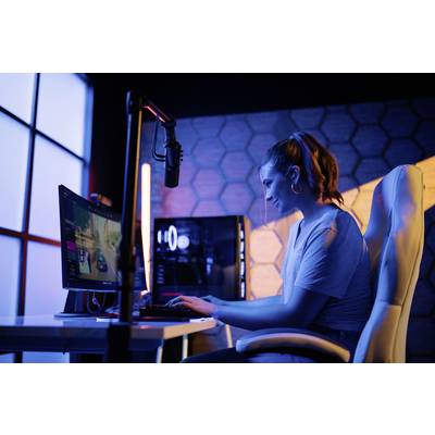Eine Frau sitzt an einem Schreibtisch und spielt ein Videospiel auf einem Computer. Ein Mikrofon hängt vor ihr. Die Umgebung ist bunt beleuchtet.