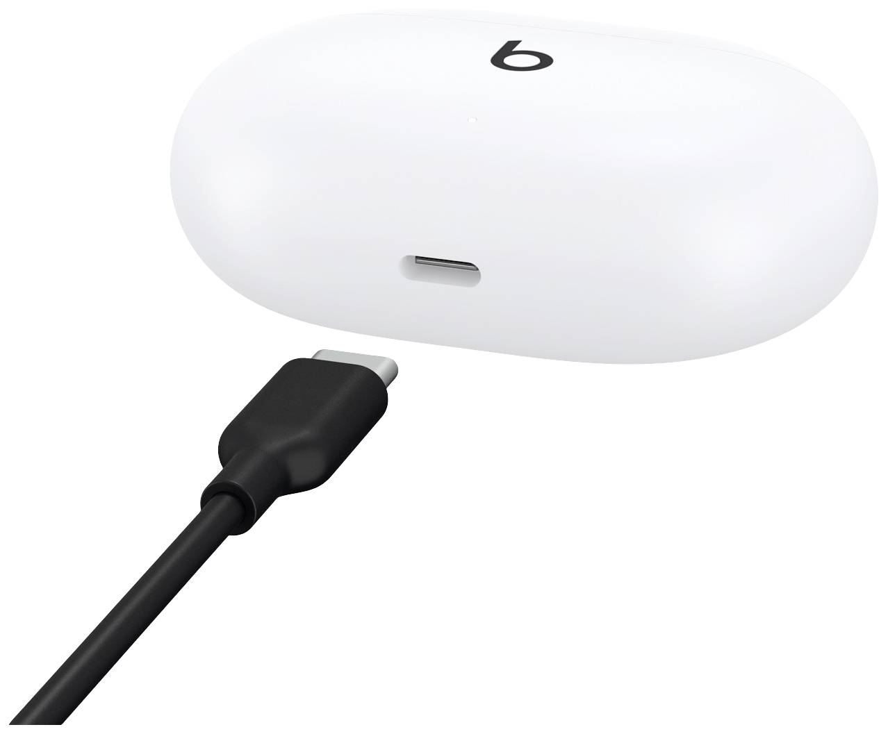 Weißes kabelloses Ladecase mit 'b'-Logo, vor einem schwarzen USB-C-Ladekabel.