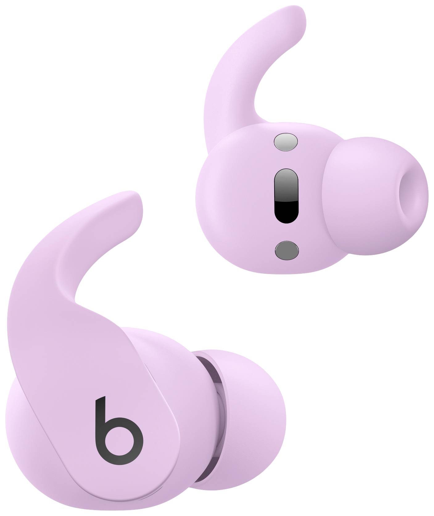 Zwei kabellose In-Ear-Kopfhörer in Rosa mit Ohrbügeln. Ein schwarzes 'b'-Logo ist auf jedem Ohrhörer sichtbar.