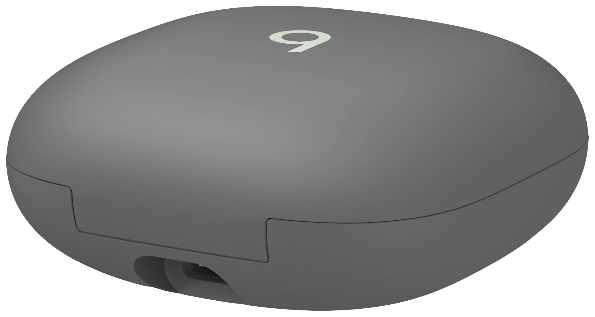 Ein graues, ovales Ladeetui für drahtlose Ohrhörer. Größenvergleich: passt in eine Handfläche.