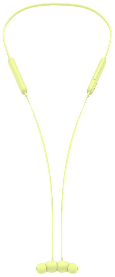 Gelbe, kabellose In-Ear-Kopfhörer mit Verbindungskabel und integrierten Bedienelementen. Geeignet für mobiles Hören in Bewegung.