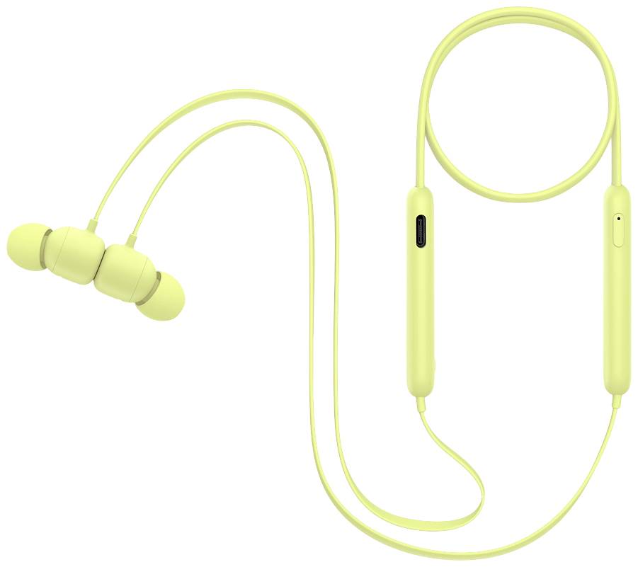 Kabellose, gelbe In-Ear-Kopfhörer mit flexiblem Nackenbügel und Bedienelementen. Ideal für Musik unterwegs.