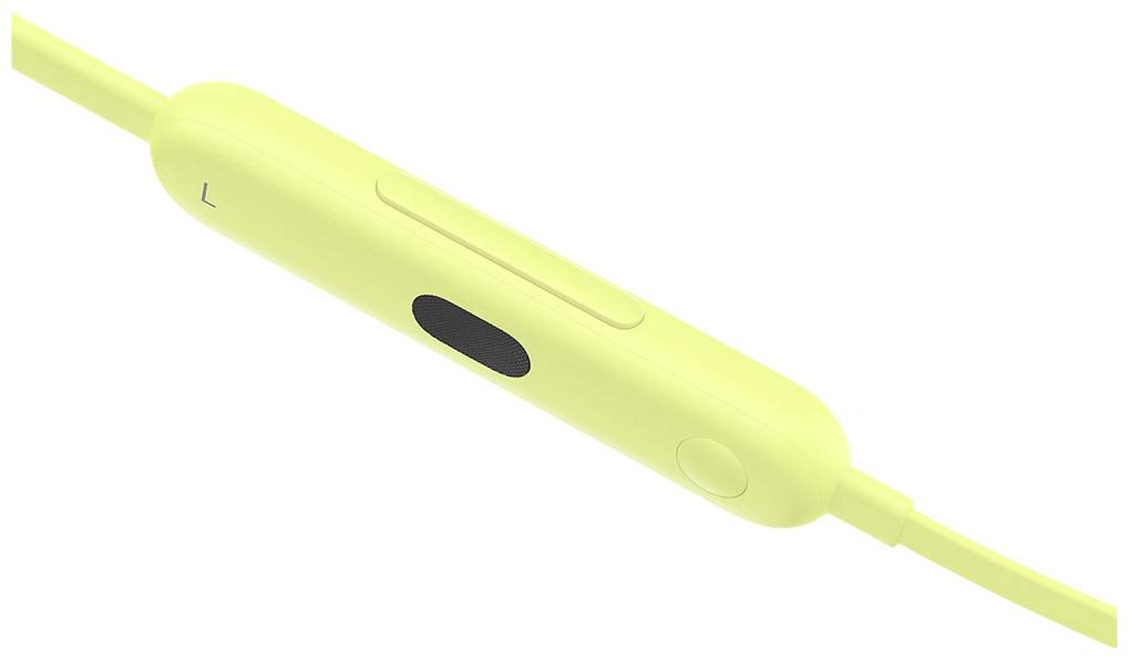 Gelbes Headset-Bedienungselement mit Lautstärkeregler und Mikrofontaste sichtbar, auf der linken Seite positioniert.