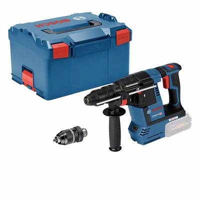 Akkubohrhammer mit Koffer und zusätzlichem Bohrfutter auf weißem Hintergrund. Hauptfarbe ist blau mit roten Akzenten.