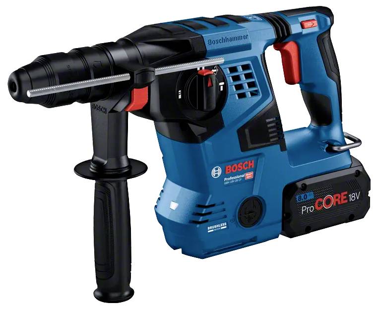 Eine blaue und schwarze kabellose Akku-Bohrmaschine mit Seitengriff, versehen mit dem Bosch-Logo und der Aufschrift 'ProCORE 18V', die auf professionellen Einsatz hinweist.