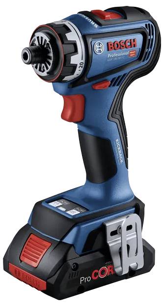 Ein Bosch Akku-Schlagschrauber mit blau-schwarzem Design, roten Akzenten und einer Metallklemme, der seine kompakte und ergonomische Bauweise präsentiert.
