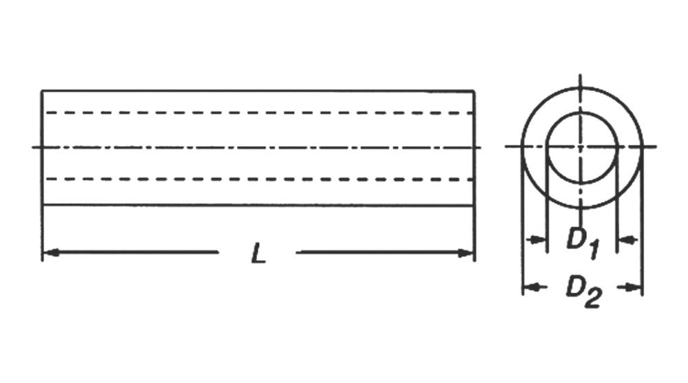 Technische Zeichnung eines zylindrischen Objekts mit der Länge 'L' und Durchmessern 'D1' und 'D2', seitliche und frontale Ansicht.