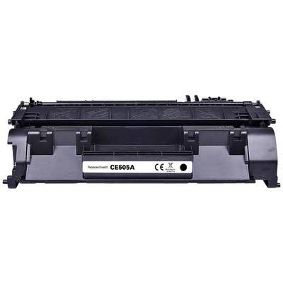 Schwarze Druckerkartusche mit Etikett 'Replace for CE505A' vorne. Enthält CE- und Recycling-Symbole. Geeignet für Laserdrucker.