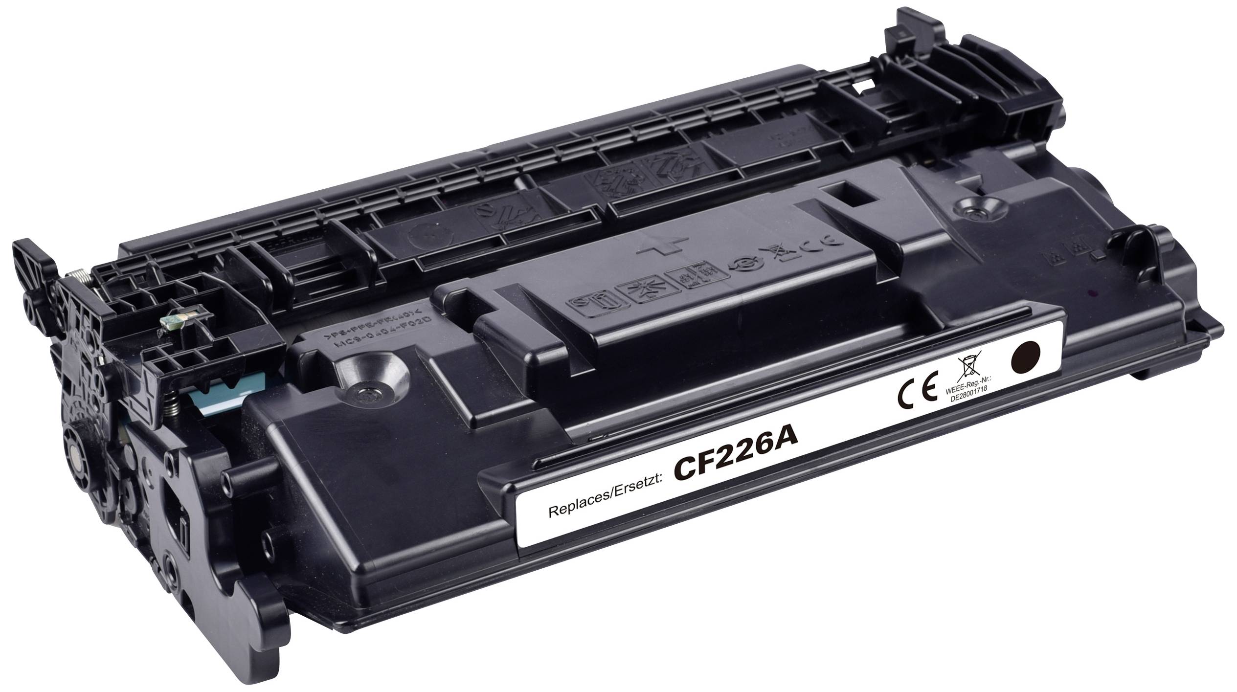 Schwarze Tonerkartusche mit der Aufschrift ‚Replaces CF226A‘, offensichtlich für ein Druckgerät bestimmt.