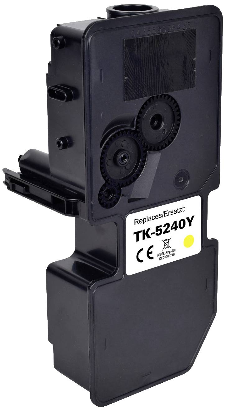 Eine schwarze Tonerkartusche mit der Aufschrift 'Replaces/Ersetzt TK-5240Y'. Sie zeigt Zahnräder an einer Seite.