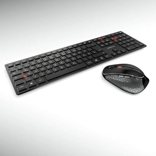Eine schwarze kabellose Tastatur und Maus mit roten Akzenten auf grauem Hintergrund.