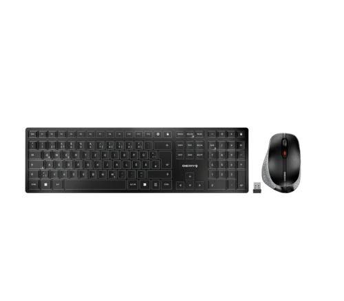 Kabellose schwarze Tastatur und Maus-Set mit USB-Empfänger. Tastatur hat dezentes Design, Maus hat ergonomische Form mit rotem Detail.