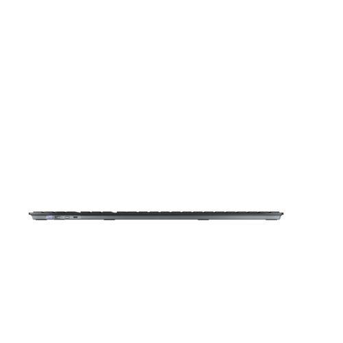 Flacher Laptop seitlich, fast unsichtbar, zeigt schlankes Design.