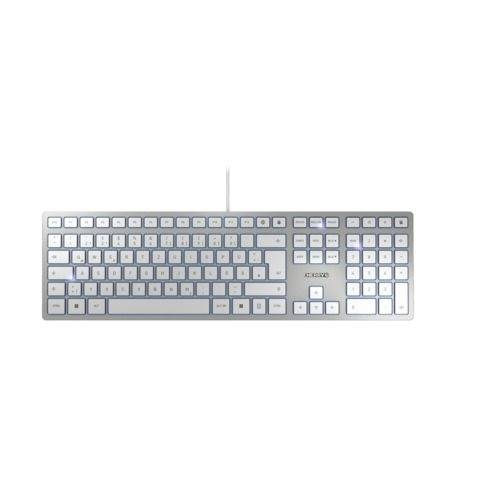 Eine silberne Computertastatur mit weiß beleuchteten Tasten, auf einer weißen Fläche präsentiert, zeigt ein minimalistisches Design.