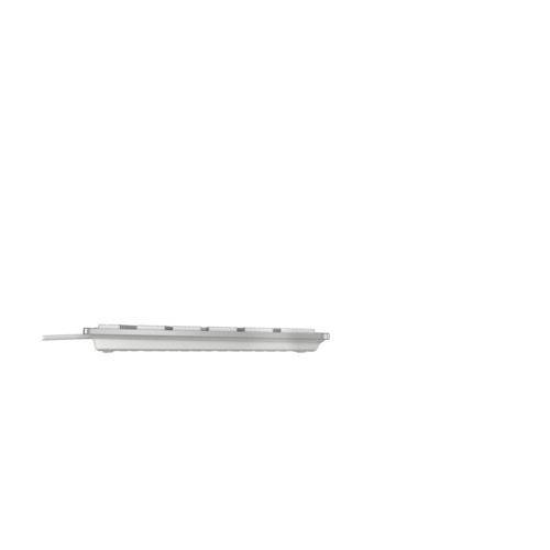 Ein flaches, weißes Kabel, das seitlich aus einem weißen Gehäuse herausragt. Wahrscheinlich Teil eines elektronischen Geräts.