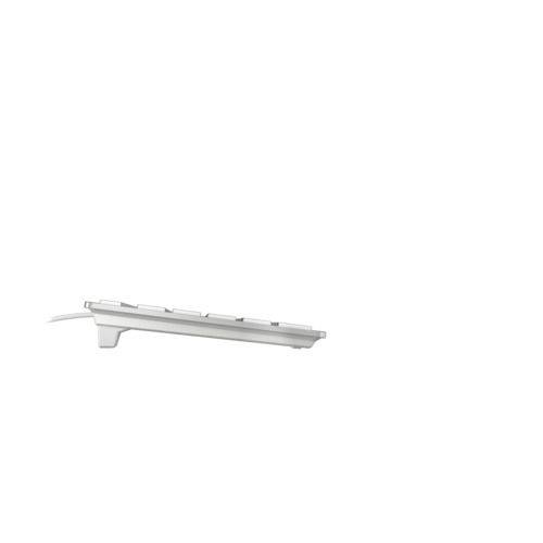 Eine flache weiße Computer-Tastatur, seitlich von rechts gezeigt, auf einem weißen Hintergrund.