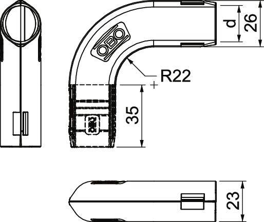 Technische Zeichnung eines abgewinkelten Rohrs. Maße: Radius 22 mm, Breite 26 mm, Höhe 35 mm, Tiefe 23 mm. Markierungen für Bohrungen.