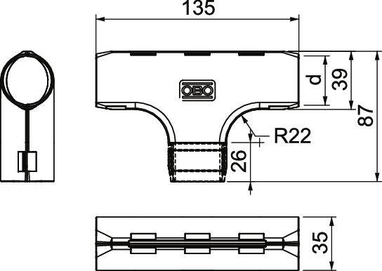 Technische Zeichnung eines T-Stücks mit Maßen: Gesamtlänge 135 mm, Höhe 87 mm, Radius 22 mm. Seitenansicht zeigt Hohlraum.