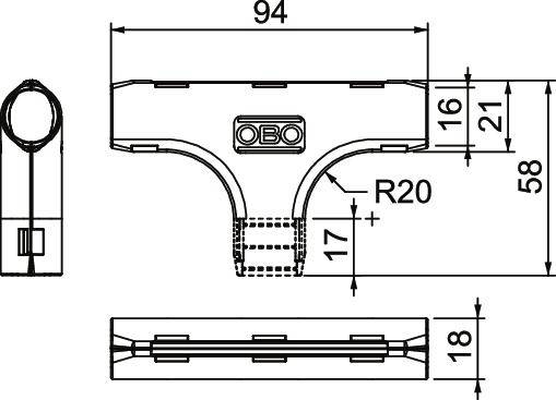 Technische Zeichnung eines T-Stücks mit Maßen: Breite 94 mm, Höhe 58 mm, Innendurchmesser R20. Beschriftung 'OBO' in der Mitte.