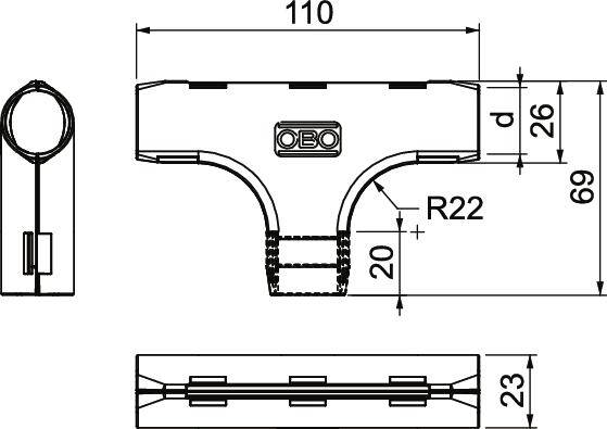 Technische Zeichnung eines T-Stücks mit Maßen: Breite 110 mm, Höhe 69 mm. Details wie Durchmesser 'd', Radius 'R22', OBO-Logo.