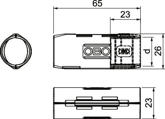 'Technische Zeichnung eines Steckverbinders mit Maßen: Länge 65 mm, Breite 23 mm, und weiteren Details. Oben, Seitenansicht, Querschnitt.'