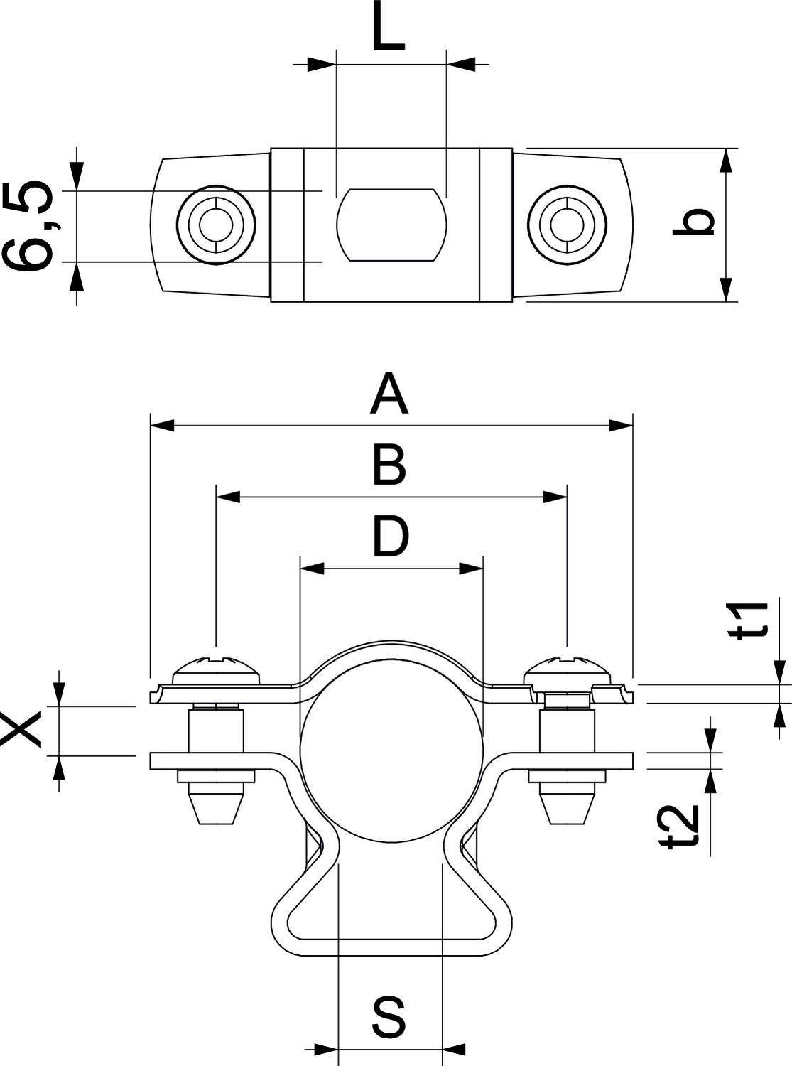 Technische Zeichnung eines Rohrschellenhalters mit Maßen: L, b, A, B, D, t1, t2, X, S. Zeigt Draufsicht und Seitenansicht.