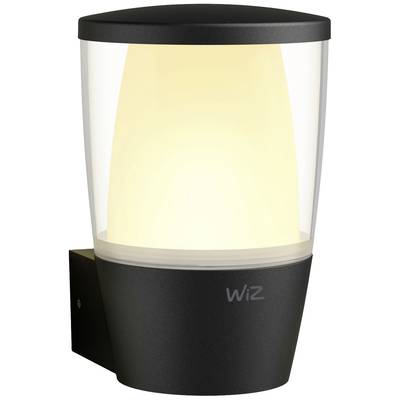 Eine moderne Außenleuchte mit schwarzem Gehäuse und klarem Glas, die ein warmes Licht ausstrahlt. 'WiZ' Logo auf der Vorderseite.