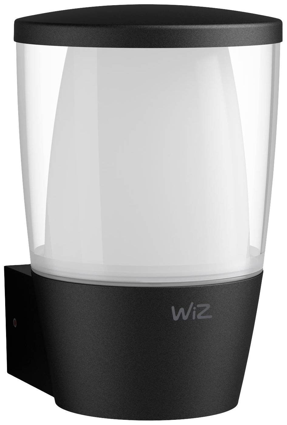 Wandleuchte mit schwarzem Sockel und rundem, transparentem Schirm. Markenname 'Wiz' auf dem Gehäuse. Modernes Design.