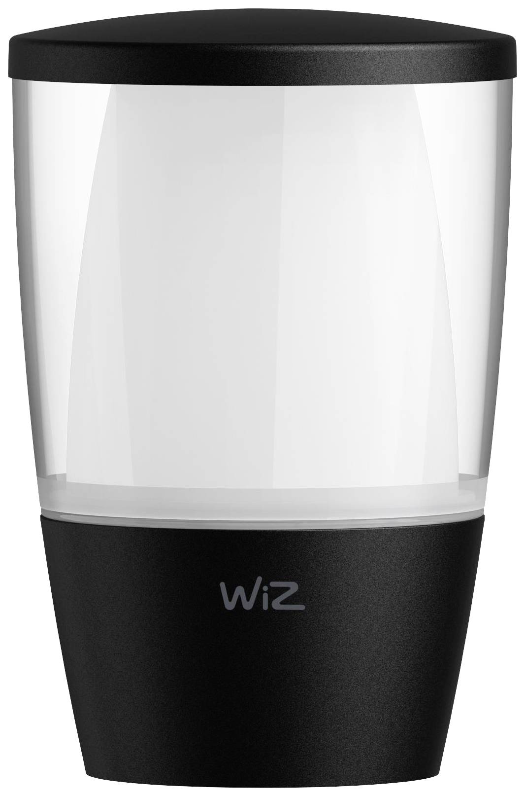 Schwarze und weiße smarte Außenleuchte von WiZ; zylindrische Form, geeignet für Garten- oder Balkonbeleuchtung.