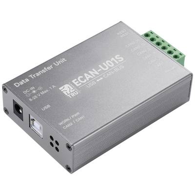 Gehäuse einer Datenübertragungseinheit mit USB- und CAN-Bus-Anschlüssen. Enthält Verbindungs- und Statusindikatoren.
