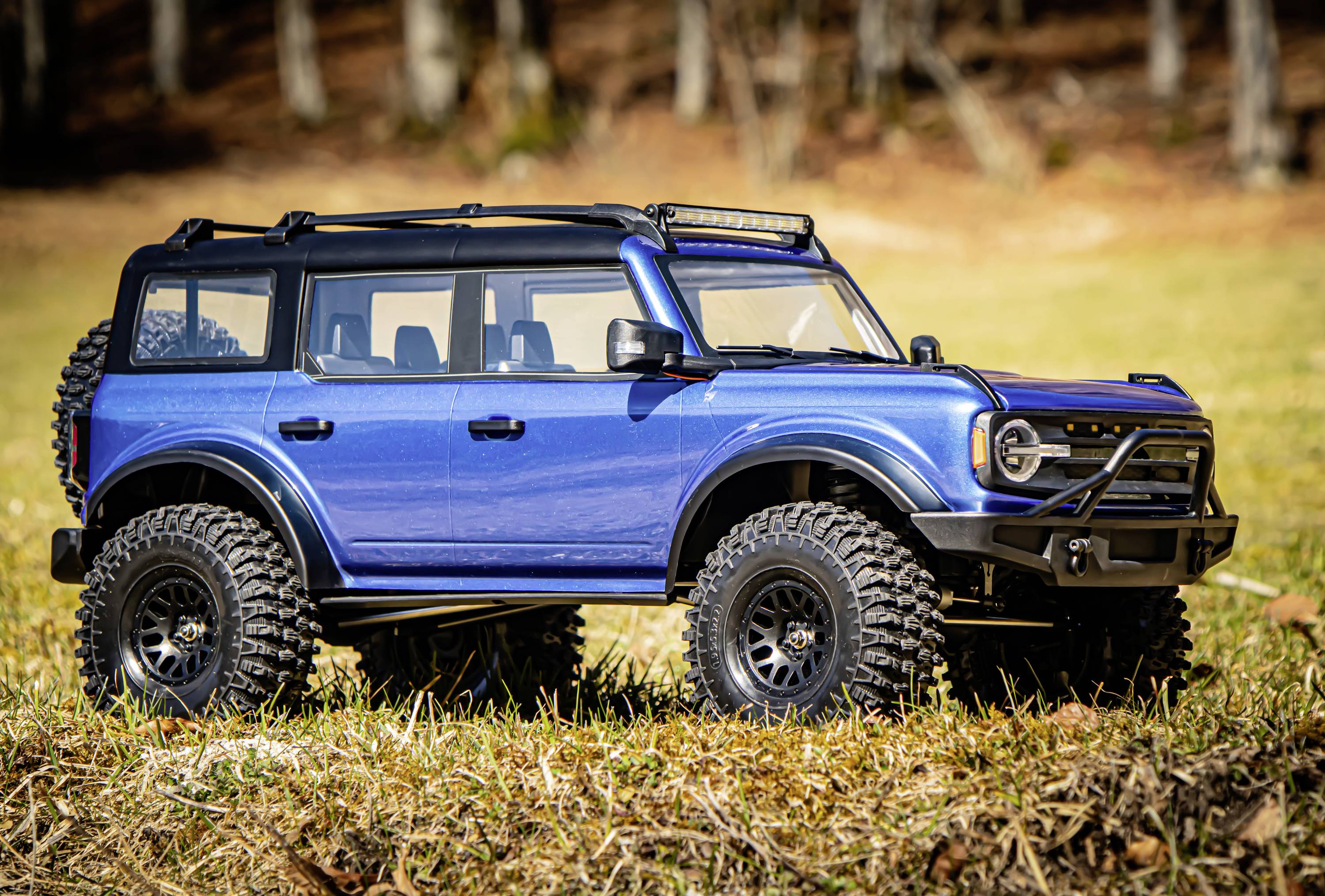 Blauer Geländewagen-Spielzeugmodell auf einer Wiese, im Hintergrund Bäume.