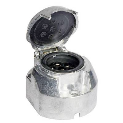 Ein geöffneter siebenpoliger Anhängerstecker aus Metall, zeigt die Buchsen im Inneren. Verwendet für die Verbindung von Fahrzeugen mit Anhängern.